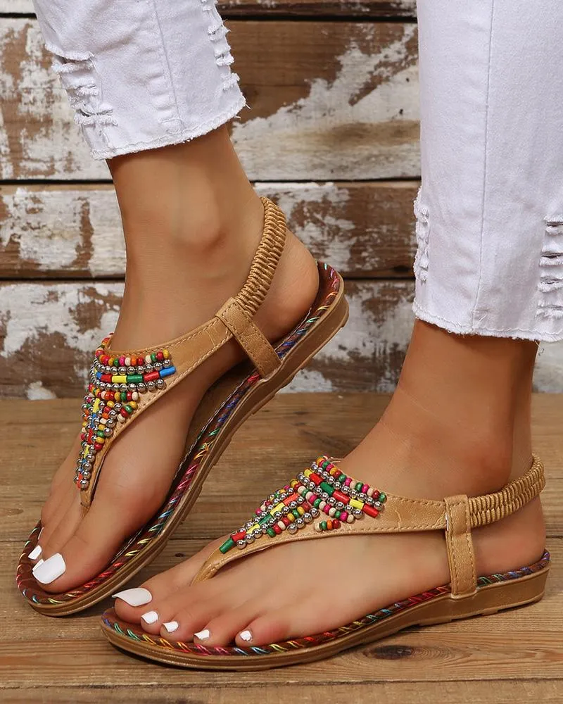 Bohemian Beaded Stretchy Ankle Strap Beach Sandals
