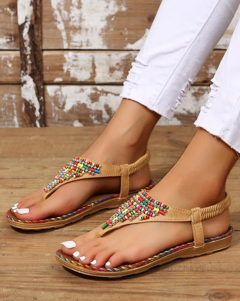 Bohemian Beaded Stretchy Ankle Strap Beach Sandals
