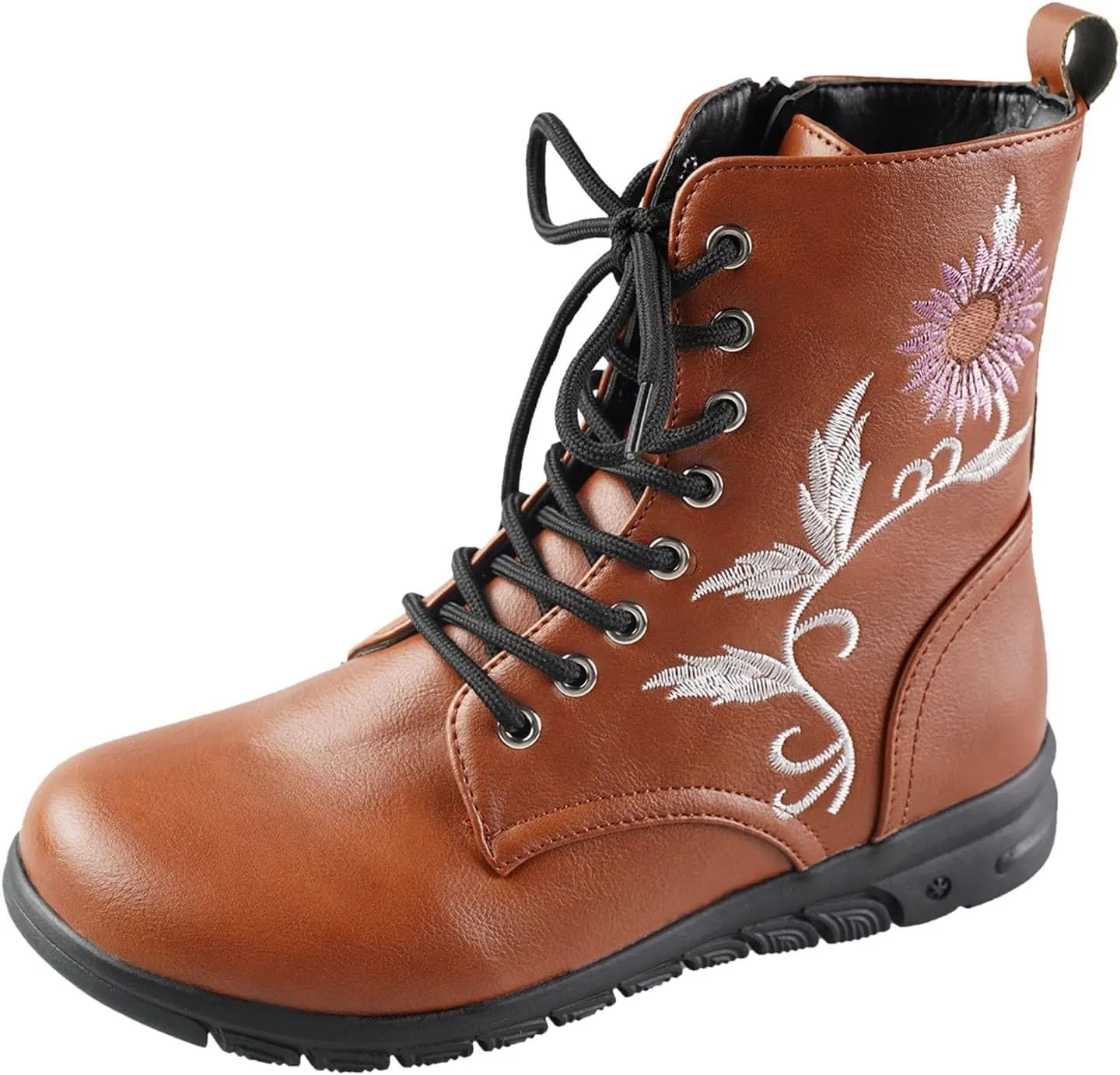Boots for Women Flat Ankle Booties Casual Round Toe Combat Boot Floral Embroidered Lace Up with Side Zipper
