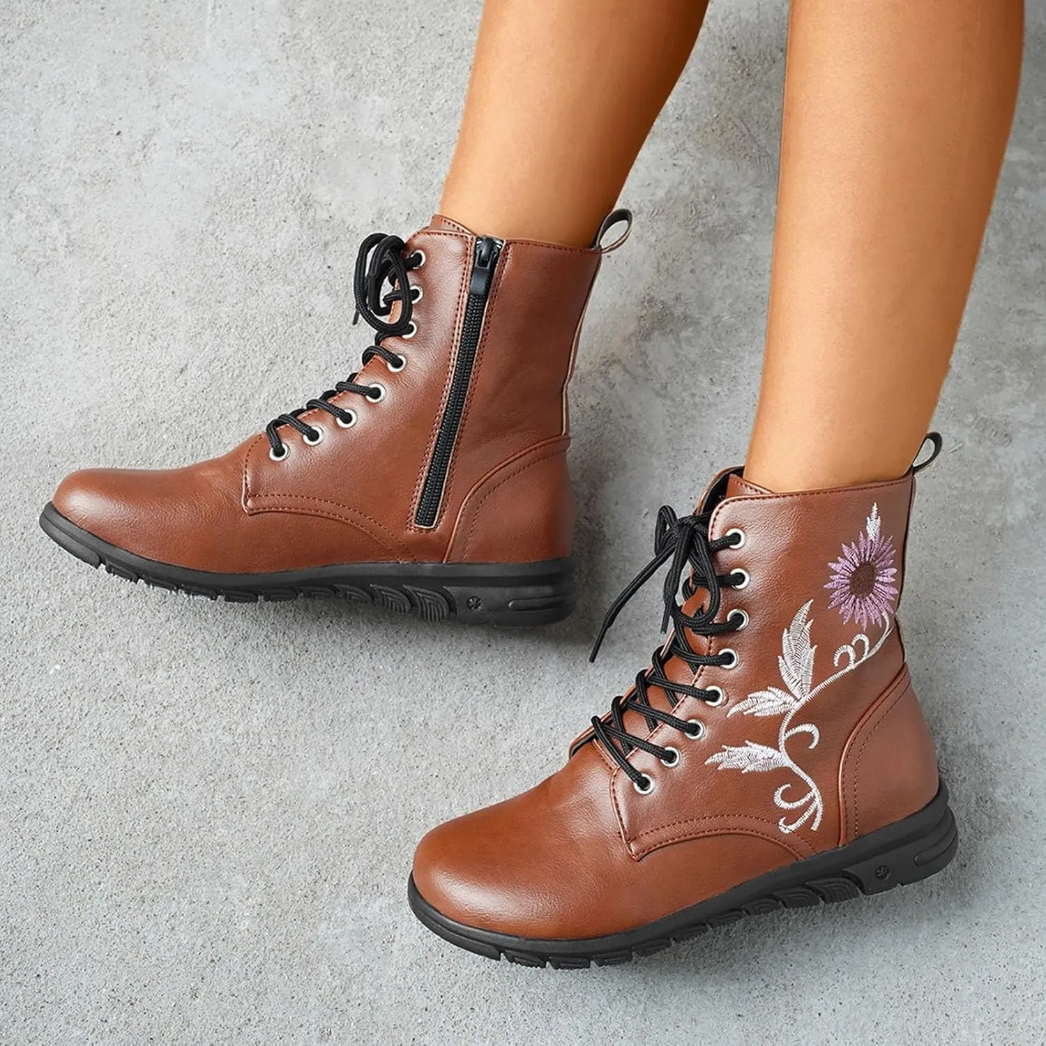 Boots for Women Flat Ankle Booties Casual Round Toe Combat Boot Floral Embroidered Lace Up with Side Zipper
