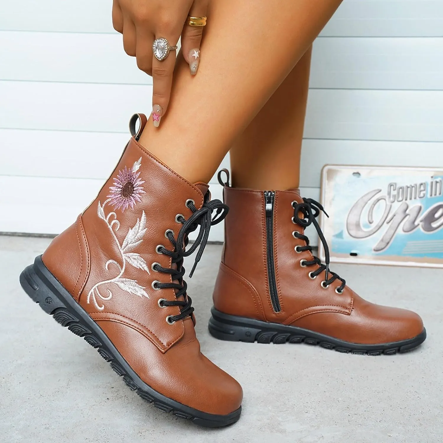 Boots for Women Flat Ankle Booties Casual Round Toe Combat Boot Floral Embroidered Lace Up with Side Zipper