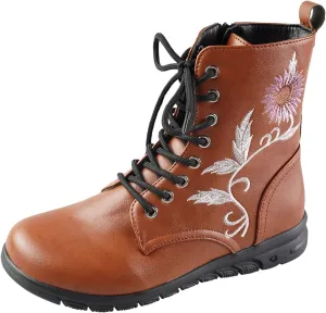 Boots for Women Flat Ankle Booties Casual Round Toe Combat Boot Floral Embroidered Lace Up with Side Zipper
