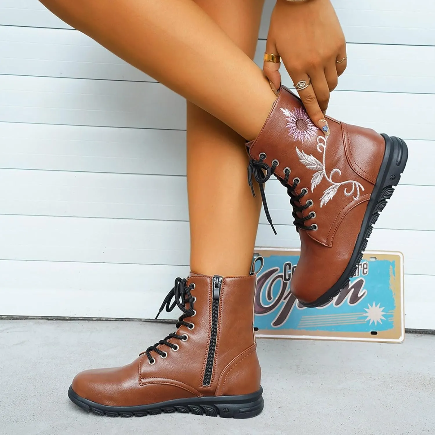 Boots for Women Flat Ankle Booties Casual Round Toe Combat Boot Floral Embroidered Lace Up with Side Zipper