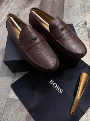 BOSS || Men's Noel Nappa-Leather Driving Moccasins With Metal Logo -  Brown