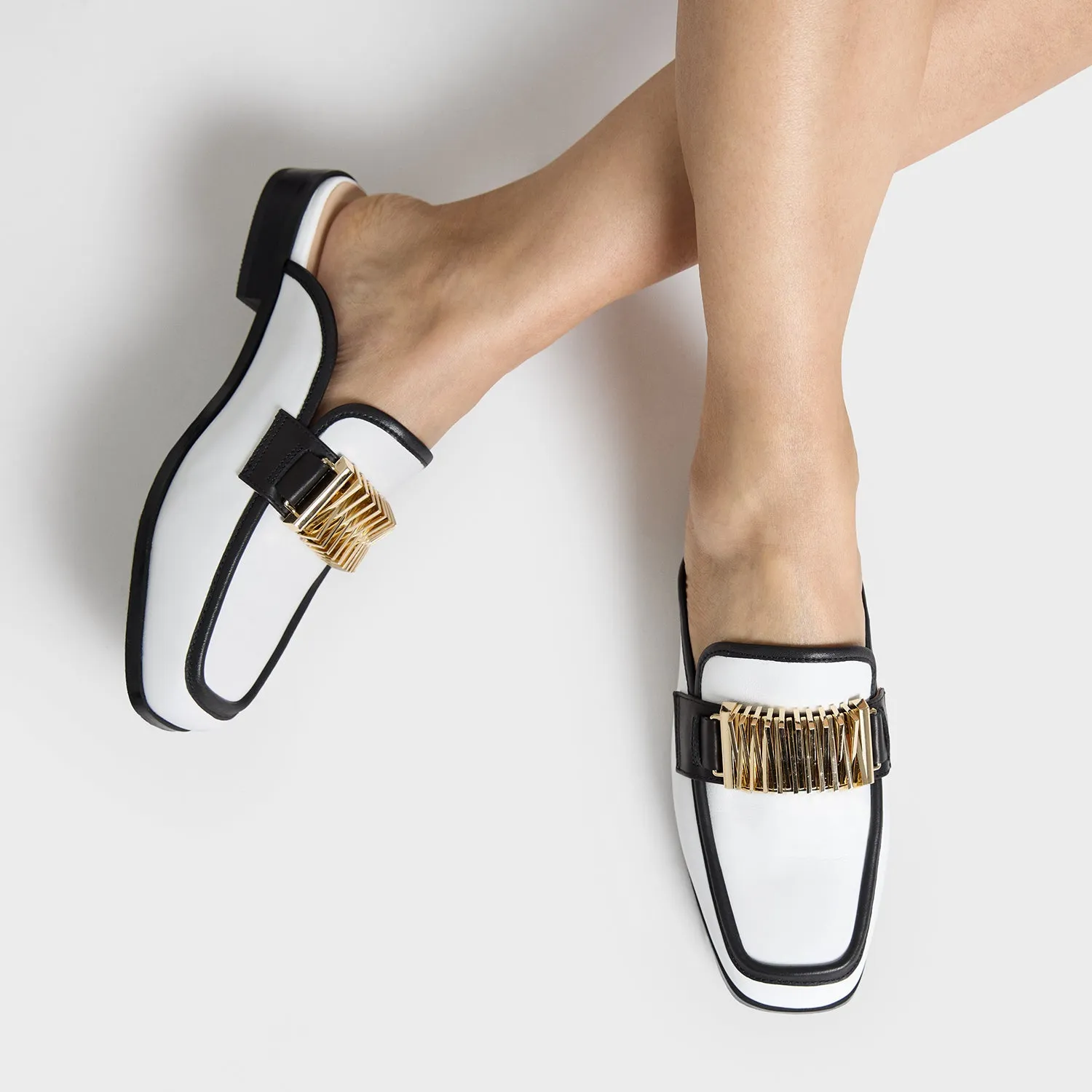Brooklyn Mule Loafer | White/Black Leather
