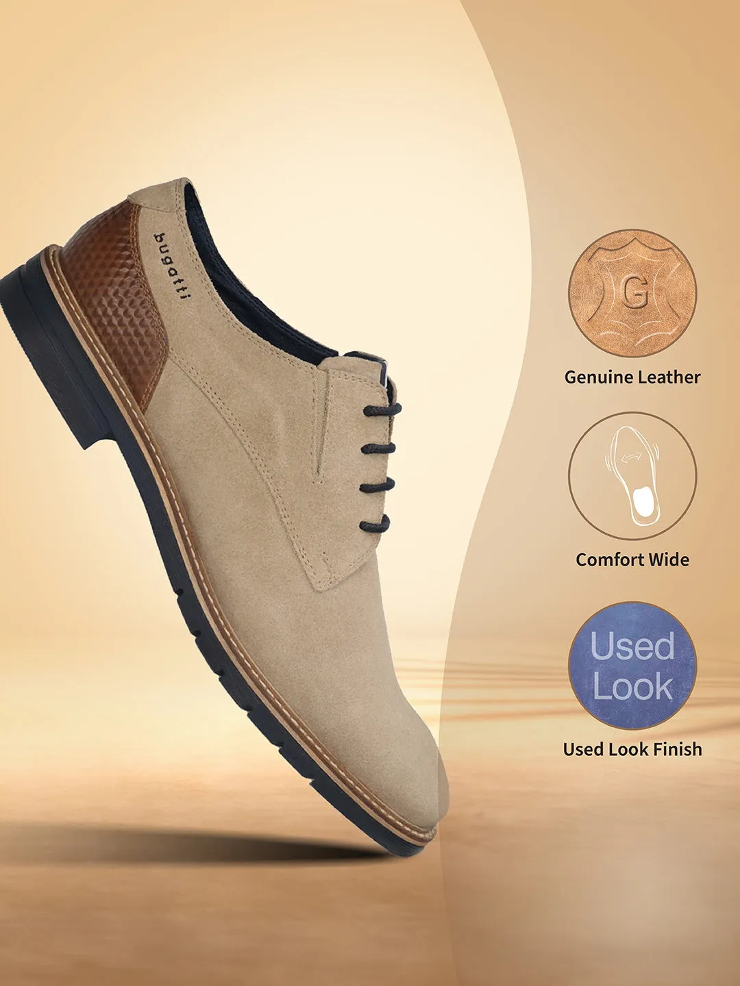 bugatti Beige Premium Leather Derby Formal Shoes