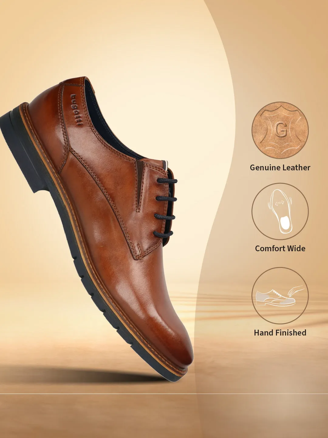 bugatti Cognac Premium Leather Derby Formal Shoes