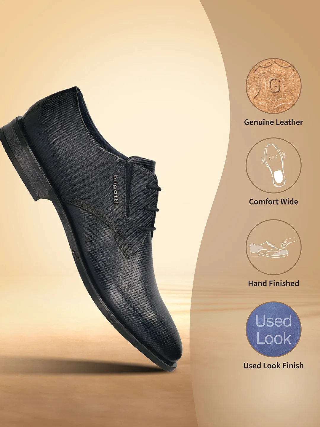bugatti Dark Blue Premium Leather Derby Formal Shoes