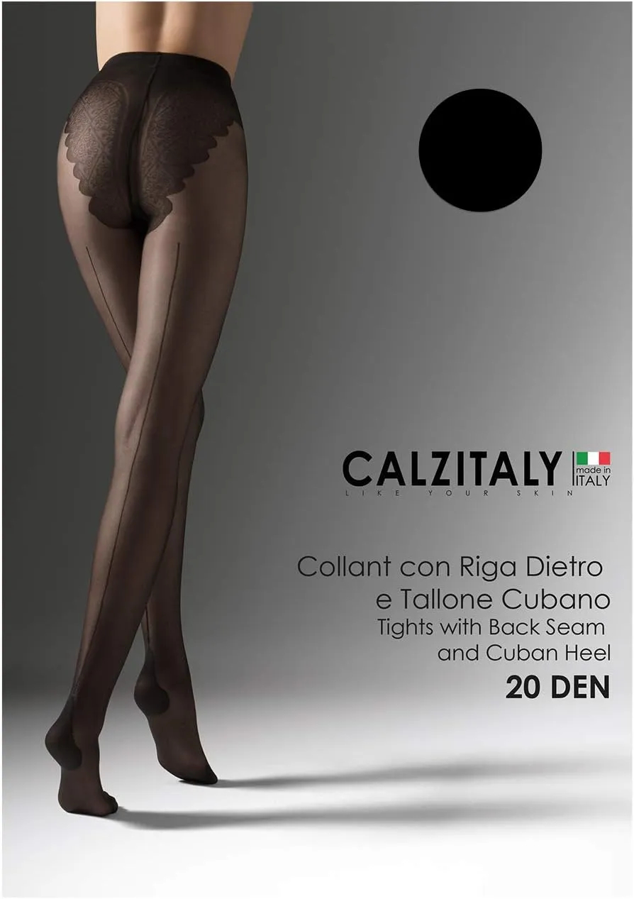 CALZITALY 20 Den Vintage Sheer Back Seam Tights, Cuban Heel Tights, Seamed Pantyhose, Italian Hosiery (S/M/L/XL)