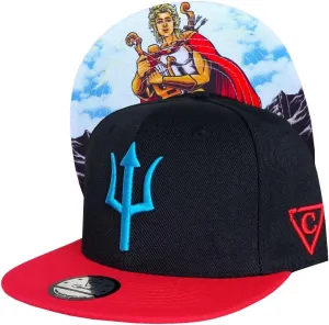 Capiche Black and Red Snapback Hat for Men, Apollo SB, Flat Bill Cap Unisex, Red Brim Hat, Blue Trident Logo Cap for Women, God of Music, Arts, Knowledge, History Style Cap with Artwork