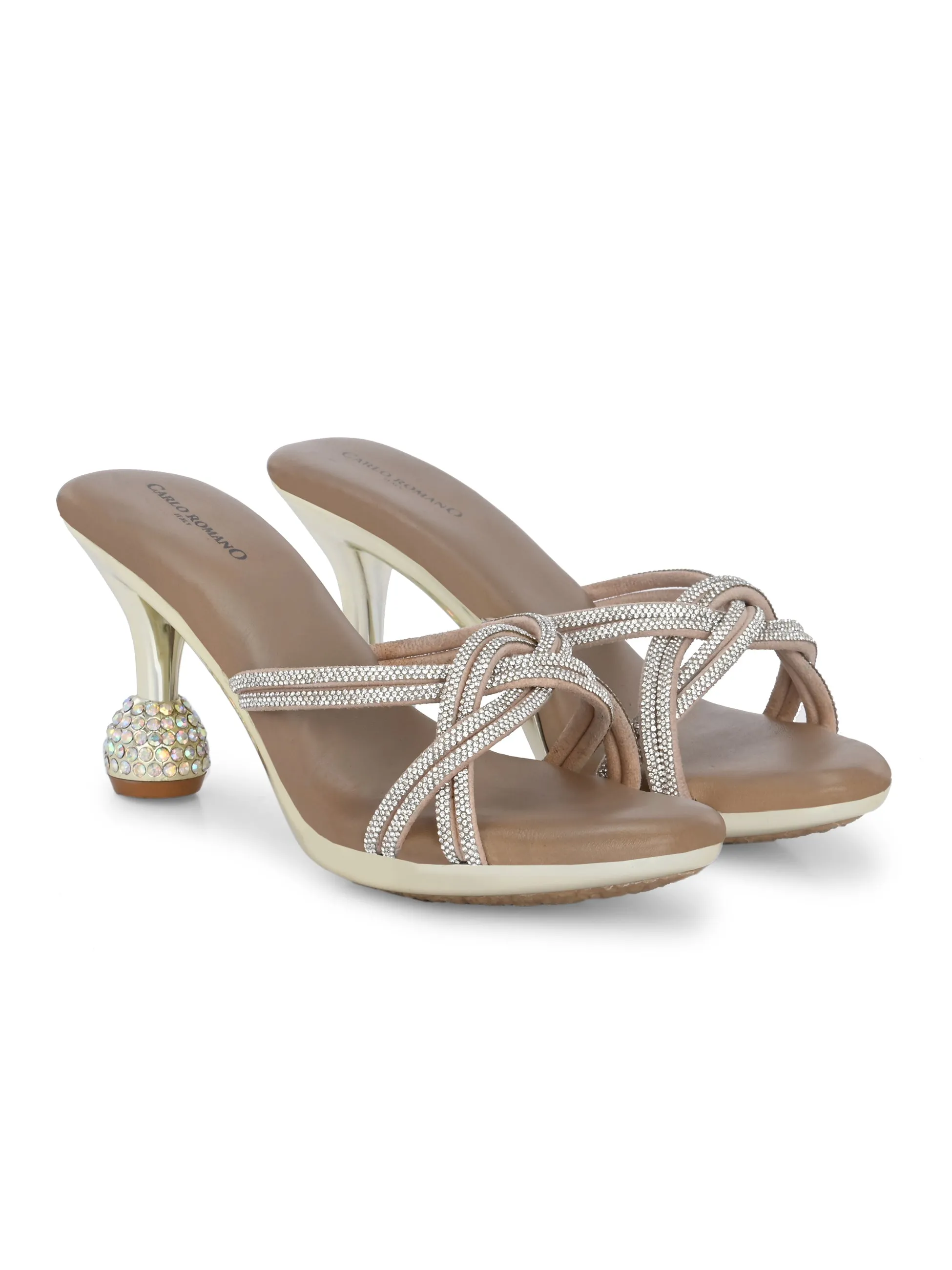 CARLO ROMANO BY WASAN SILVER COLOR VEGAN LEATHER CRYSTAL DORI SANDAL FOR WOMEN