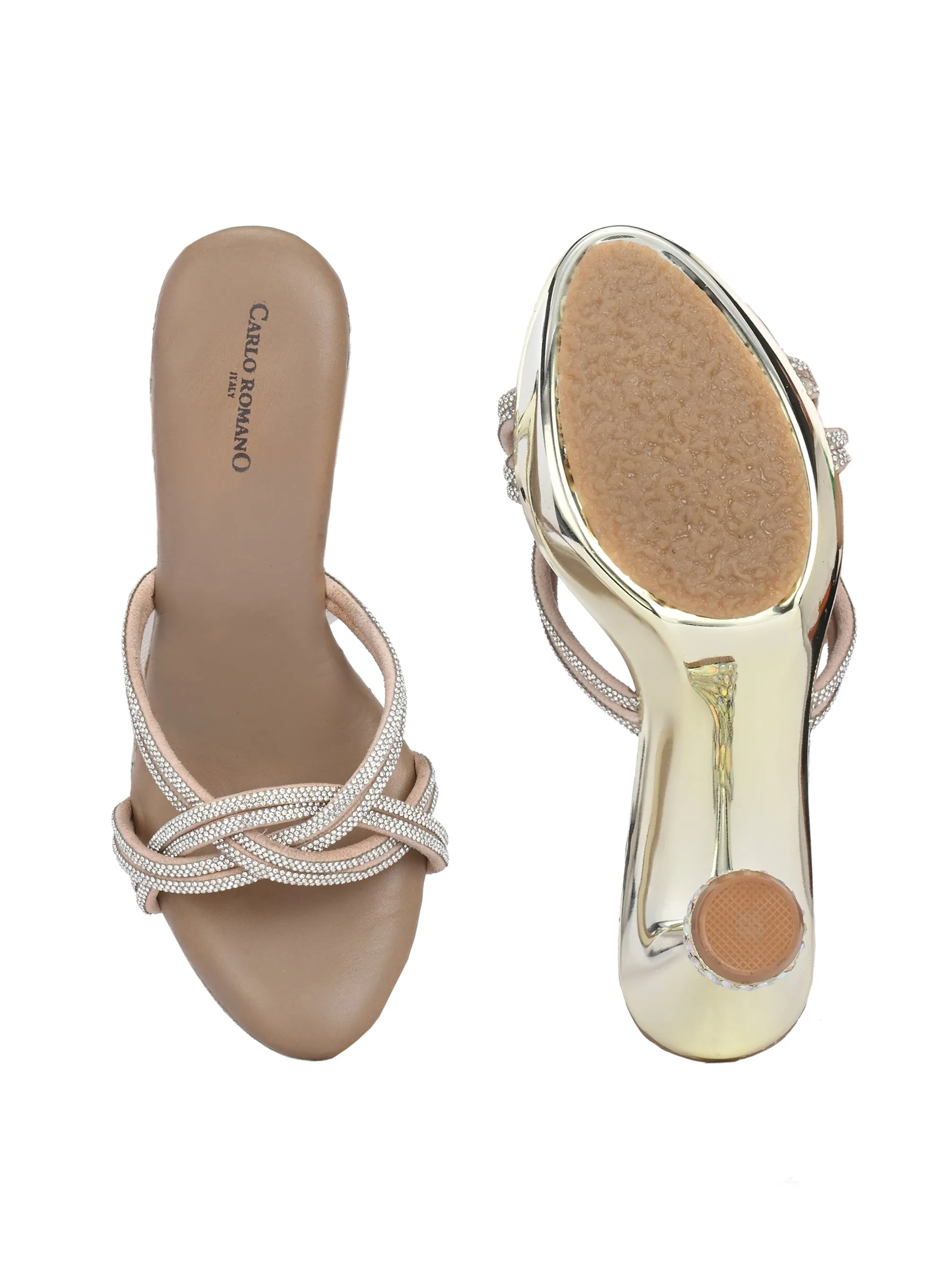 CARLO ROMANO BY WASAN SILVER COLOR VEGAN LEATHER CRYSTAL DORI SANDAL FOR WOMEN