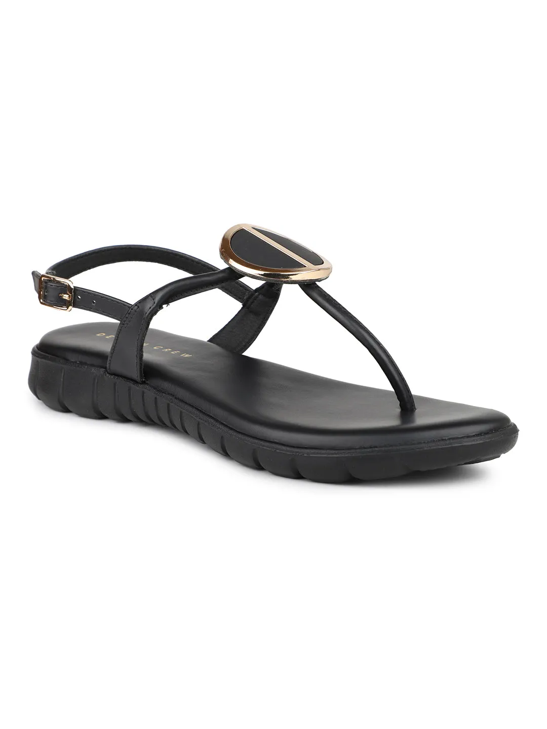 Casual Thong Ankle Strap Sandal With Round Golden Trim