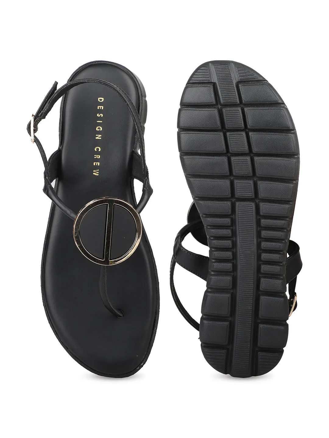 Casual Thong Ankle Strap Sandal With Round Golden Trim