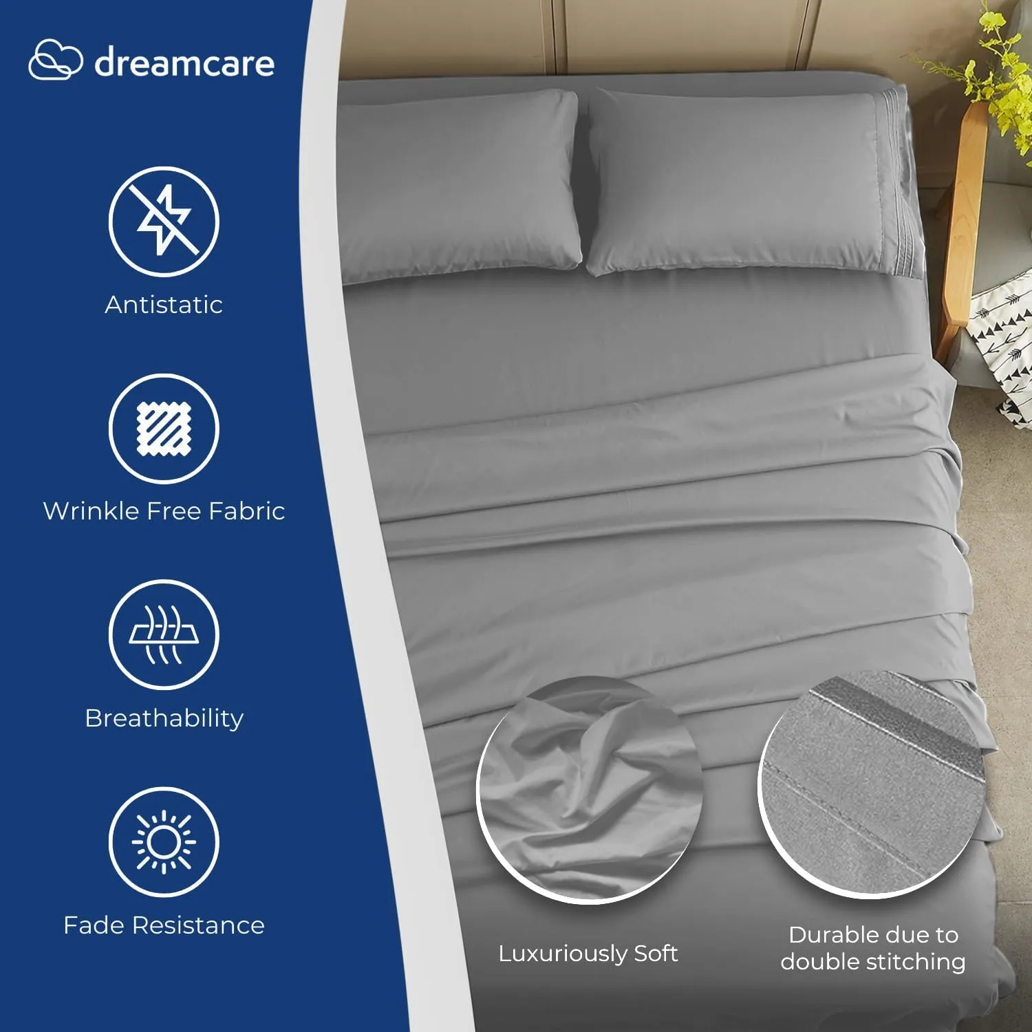 DREAMCARE King Size Sheets Set - Cooling Bed Sheets - 4pcs Set - up to 15" Deep Pocket King Sheet Set - Soft & Long Lasting 100% Fine Brushed Polyester with Side Pocket - L Gray