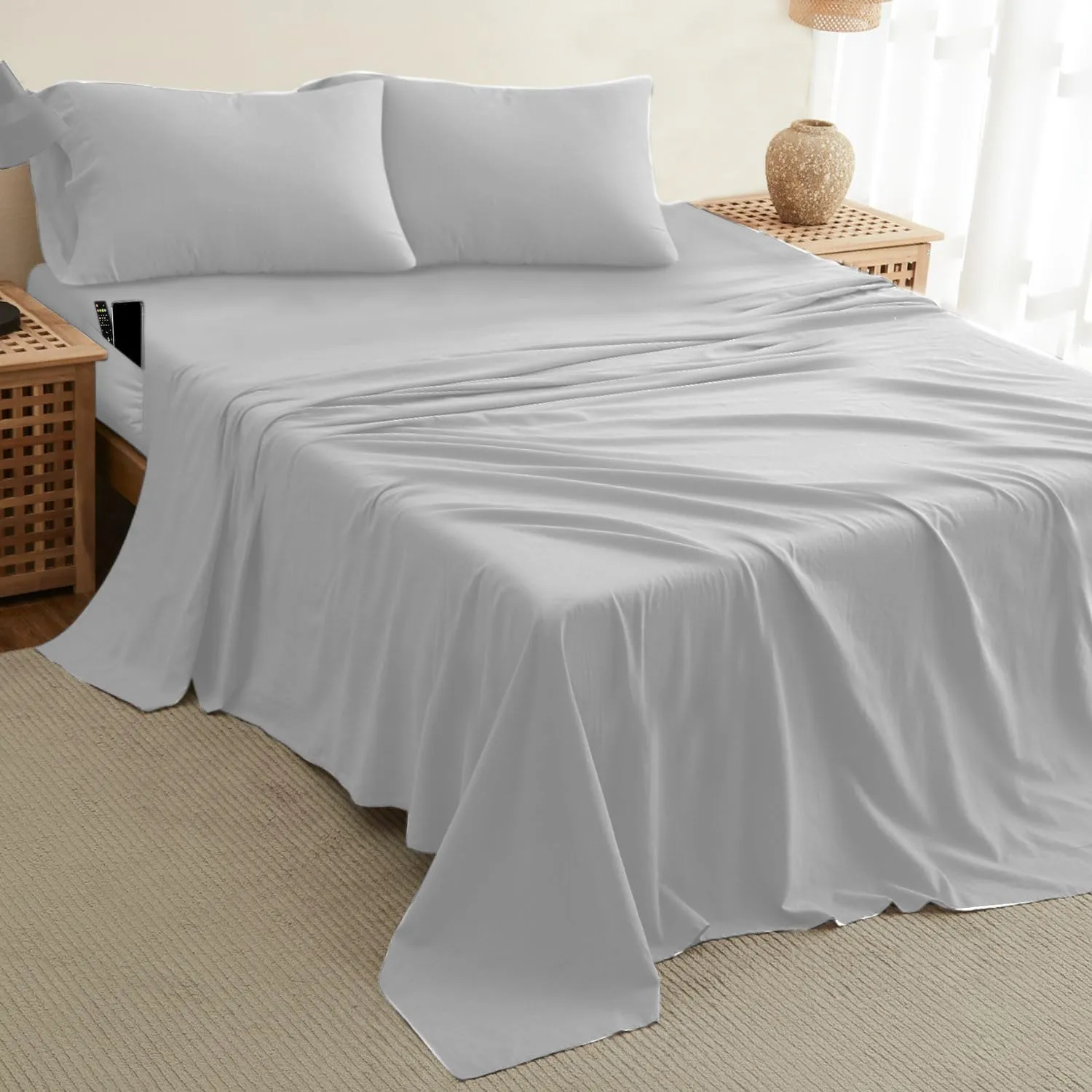 DREAMCARE King Size Sheets Set - Cooling Bed Sheets - 4pcs Set - up to 15" Deep Pocket King Sheet Set - Soft & Long Lasting 100% Fine Brushed Polyester with Side Pocket - L Gray