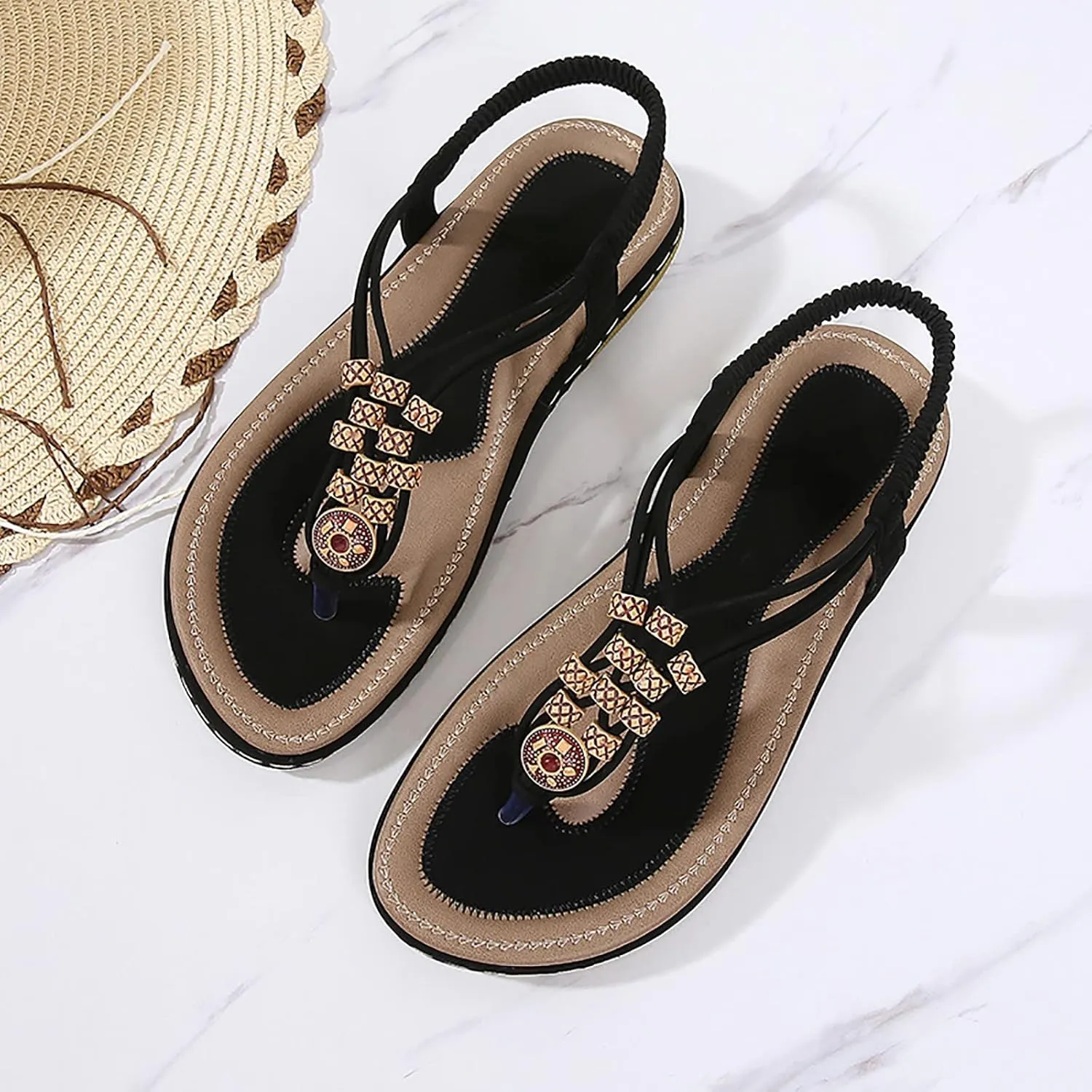 Dressy Bohemian Sandals for Women Beach Wedding Comfort Walking Flats Sandal with Non Slip Sole Beaded Elastic Ankle Strap Summer Flat Shoes with Arch Support