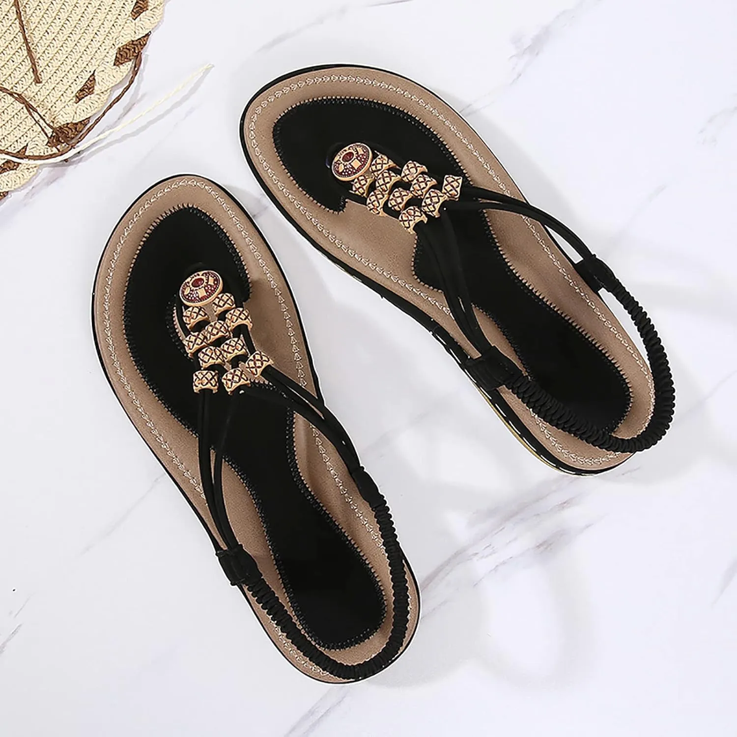 Dressy Bohemian Sandals for Women Beach Wedding Comfort Walking Flats Sandal with Non Slip Sole Beaded Elastic Ankle Strap Summer Flat Shoes with Arch Support
