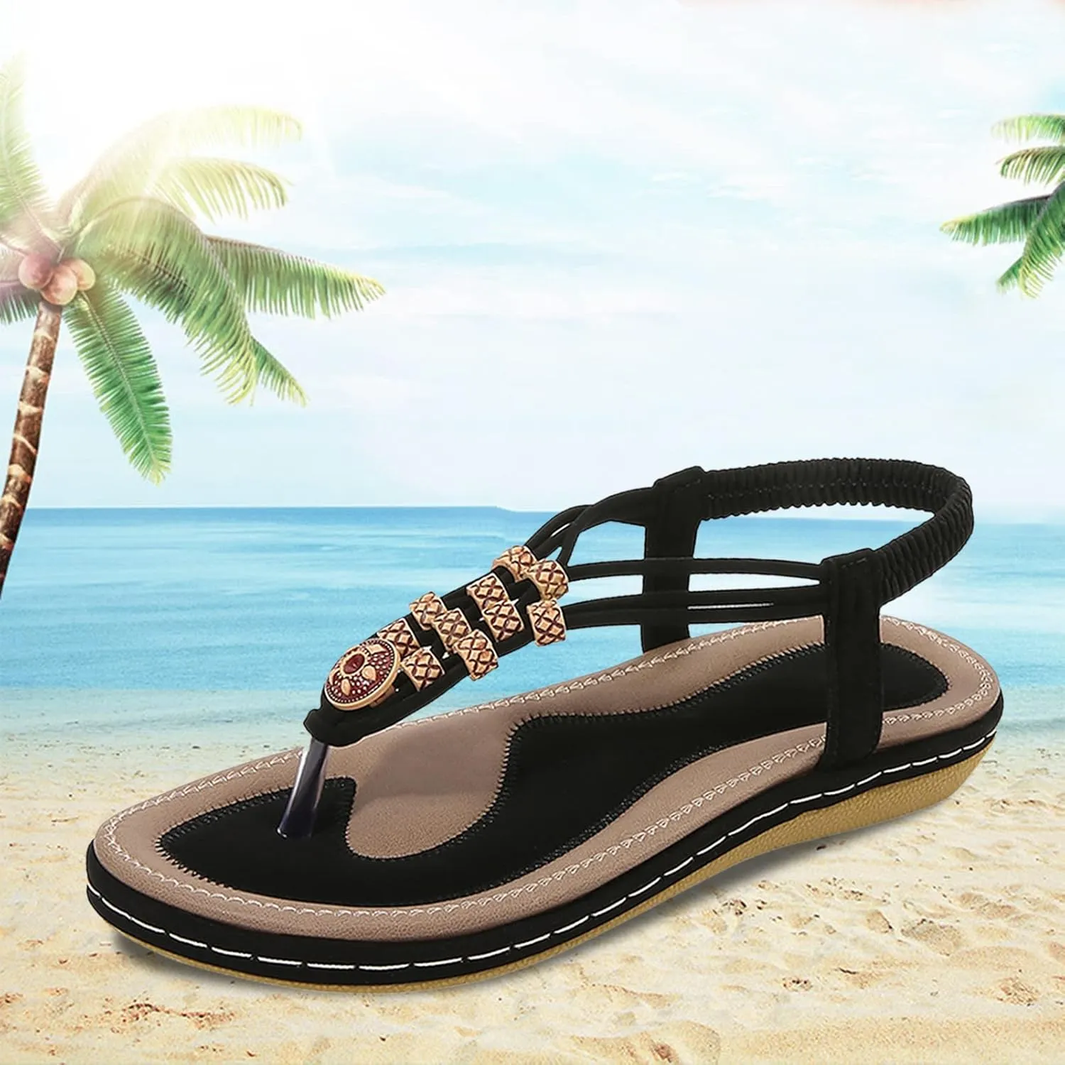 Dressy Bohemian Sandals for Women Beach Wedding Comfort Walking Flats Sandal with Non Slip Sole Beaded Elastic Ankle Strap Summer Flat Shoes with Arch Support