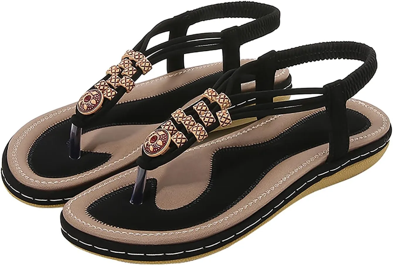 Dressy Bohemian Sandals for Women Beach Wedding Comfort Walking Flats Sandal with Non Slip Sole Beaded Elastic Ankle Strap Summer Flat Shoes with Arch Support