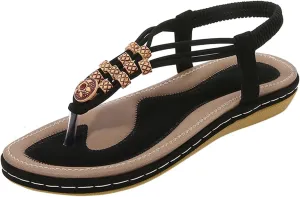 Dressy Bohemian Sandals for Women Beach Wedding Comfort Walking Flats Sandal with Non Slip Sole Beaded Elastic Ankle Strap Summer Flat Shoes with Arch Support