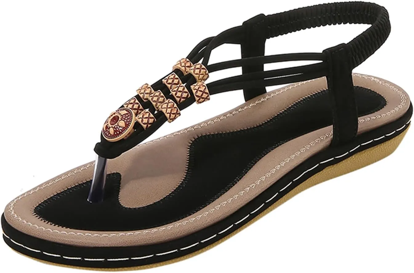 Dressy Bohemian Sandals for Women Beach Wedding Comfort Walking Flats Sandal with Non Slip Sole Beaded Elastic Ankle Strap Summer Flat Shoes with Arch Support