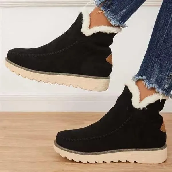 DYJAGYO Women's Winter Snow Boots, Ankle-High, Lace-Up, Black, Size 7, Casual, Faux Fur, Leather