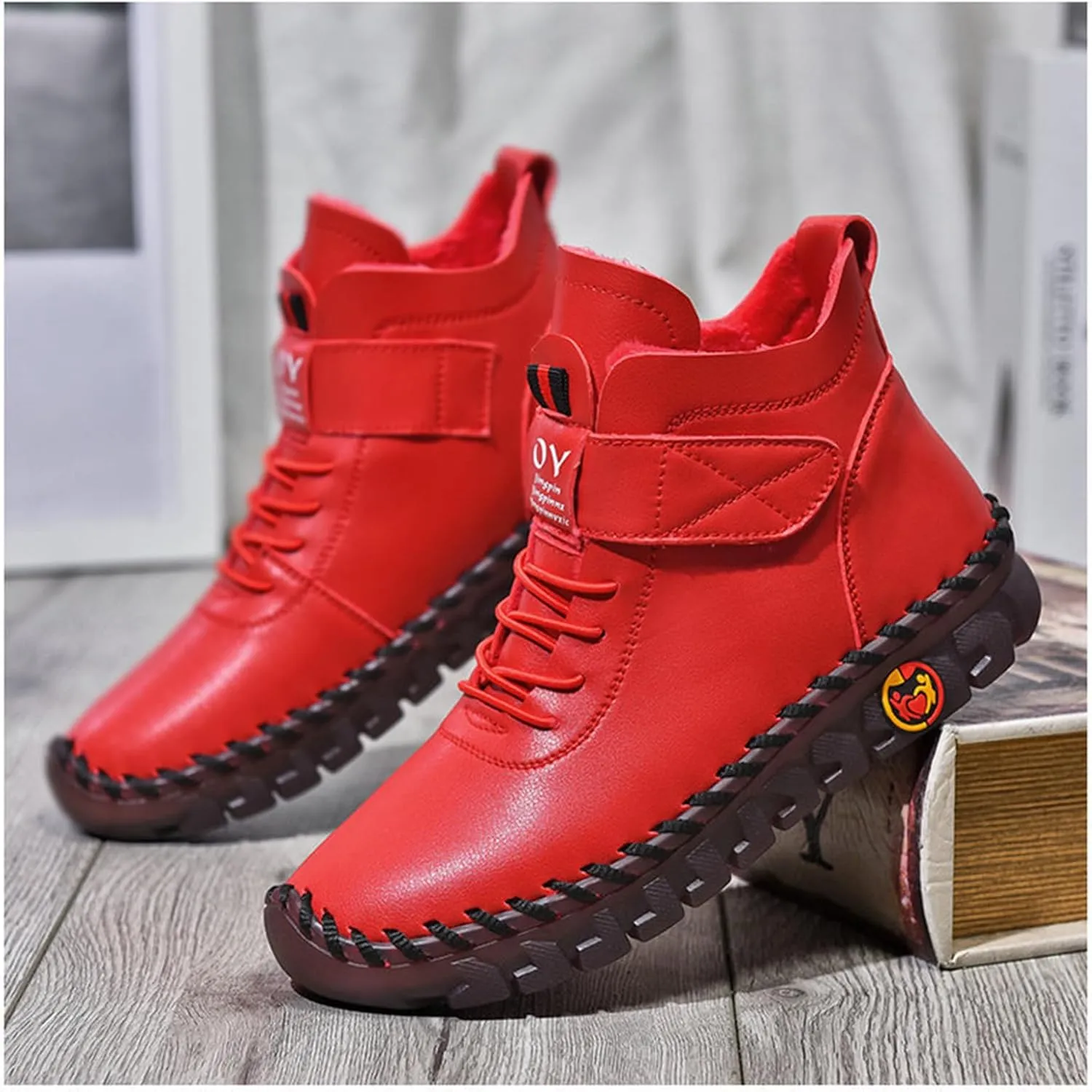 FAIRSOMA Women's Leather High Top Flat Sneakers with Adjustable Strap,Fashion Lightweight Lace Up Loafers Casual Warm Platform Ankle Boot Shoes Comfort Non-Slip Walking Shoes Soft Bottom Mom Shoes​