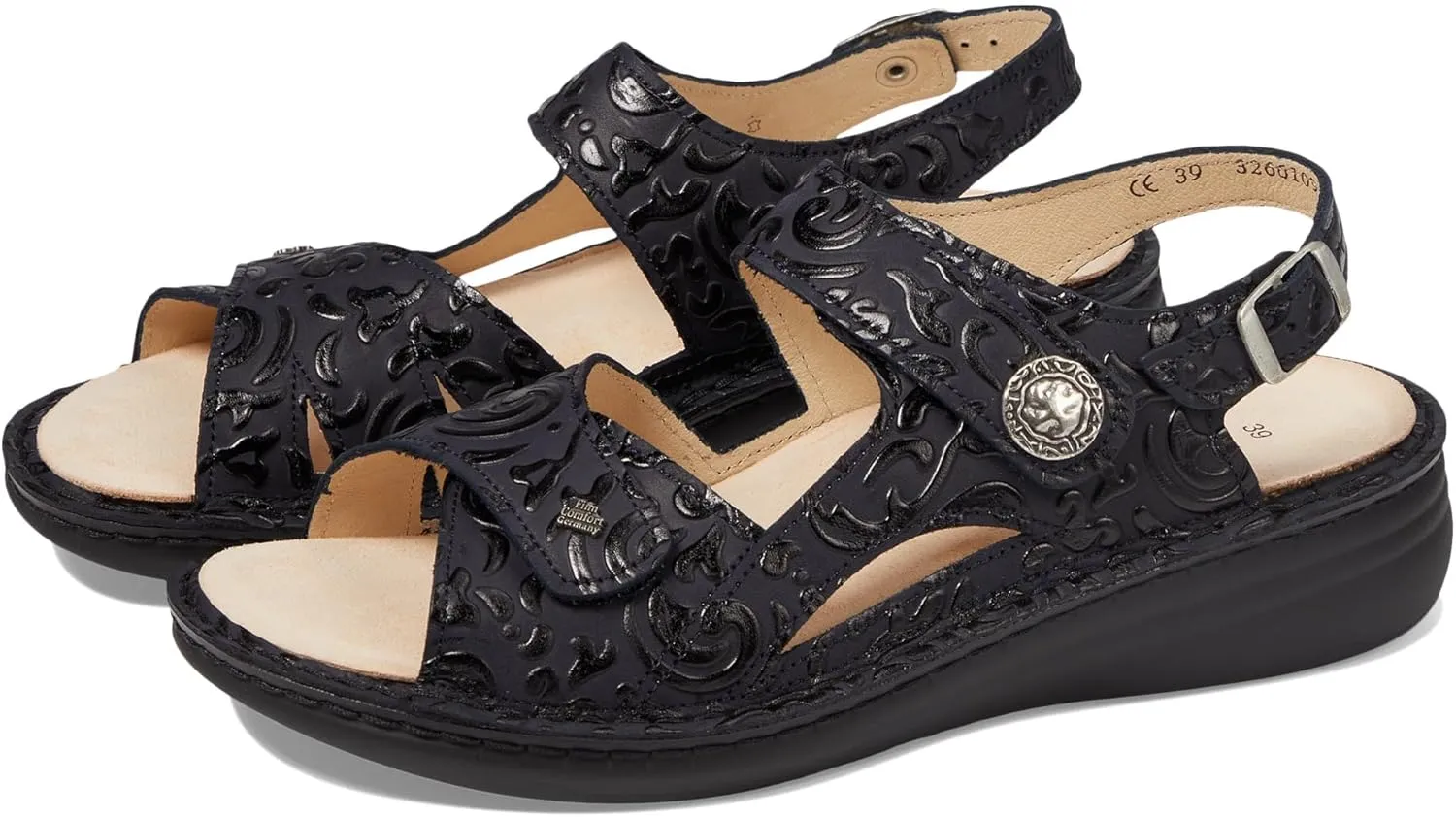 Finn Comfort Barbuda Women's Dressy Casual Flat Sandals, Black, White