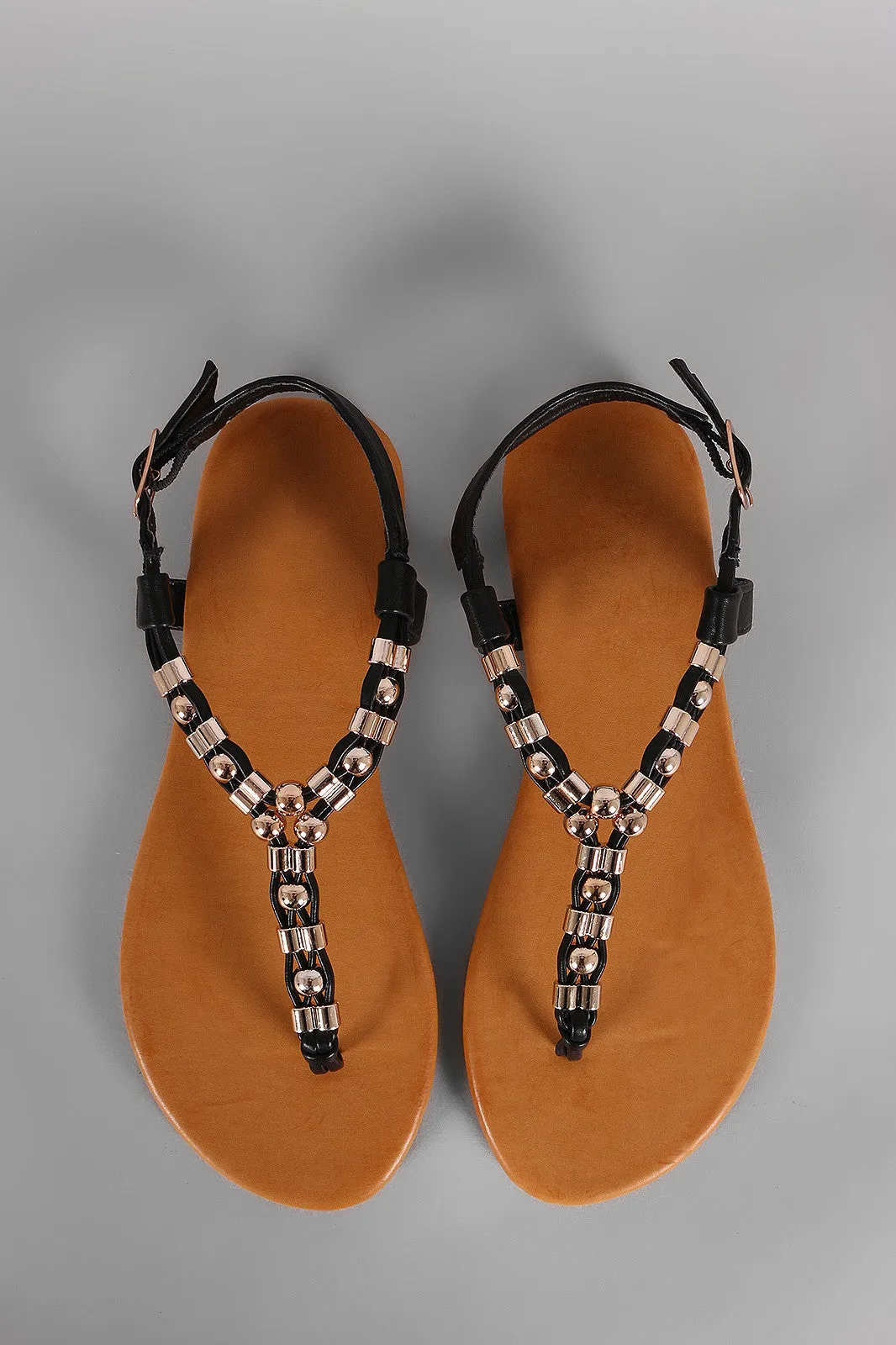 Flat Sandal Ornament Metal Thong One-time offer Bamboo T-Strap Fast response