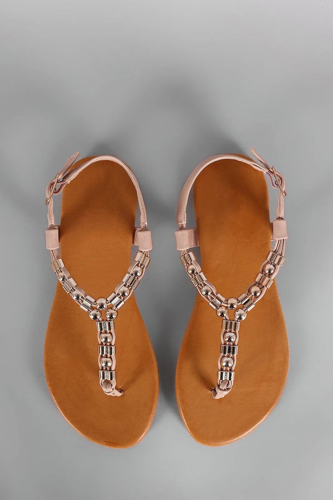 Flat Sandal Ornament Metal Thong One-time offer Bamboo T-Strap Fast response