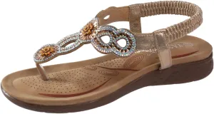 Flat Sandals for Women Bohemian Dressy Floral Thong Flats Summer Casual Beach Boho Sandal with Elastic Ankle Strap