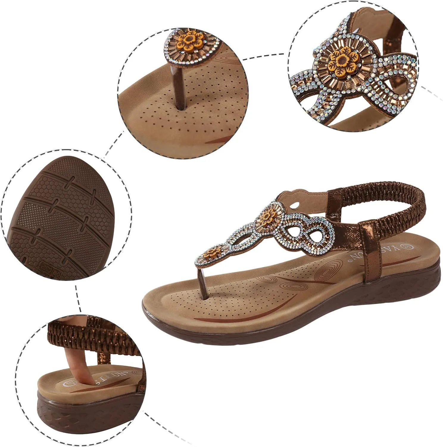Flat Sandals for Women Bohemian Dressy Floral Thong Flats Summer Casual Beach Boho Sandal with Elastic Ankle Strap