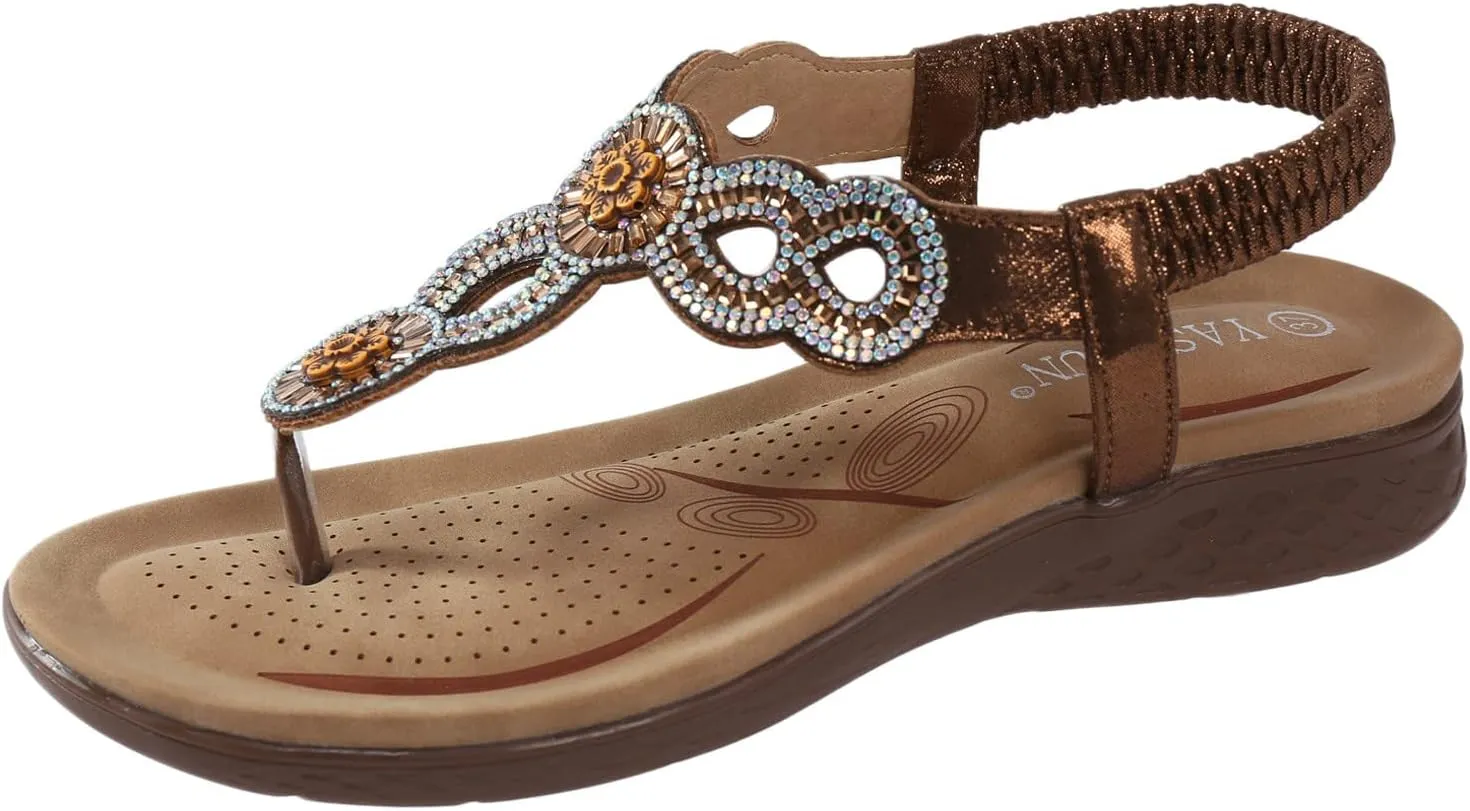 Flat Sandals for Women Bohemian Dressy Floral Thong Flats Summer Casual Beach Boho Sandal with Elastic Ankle Strap