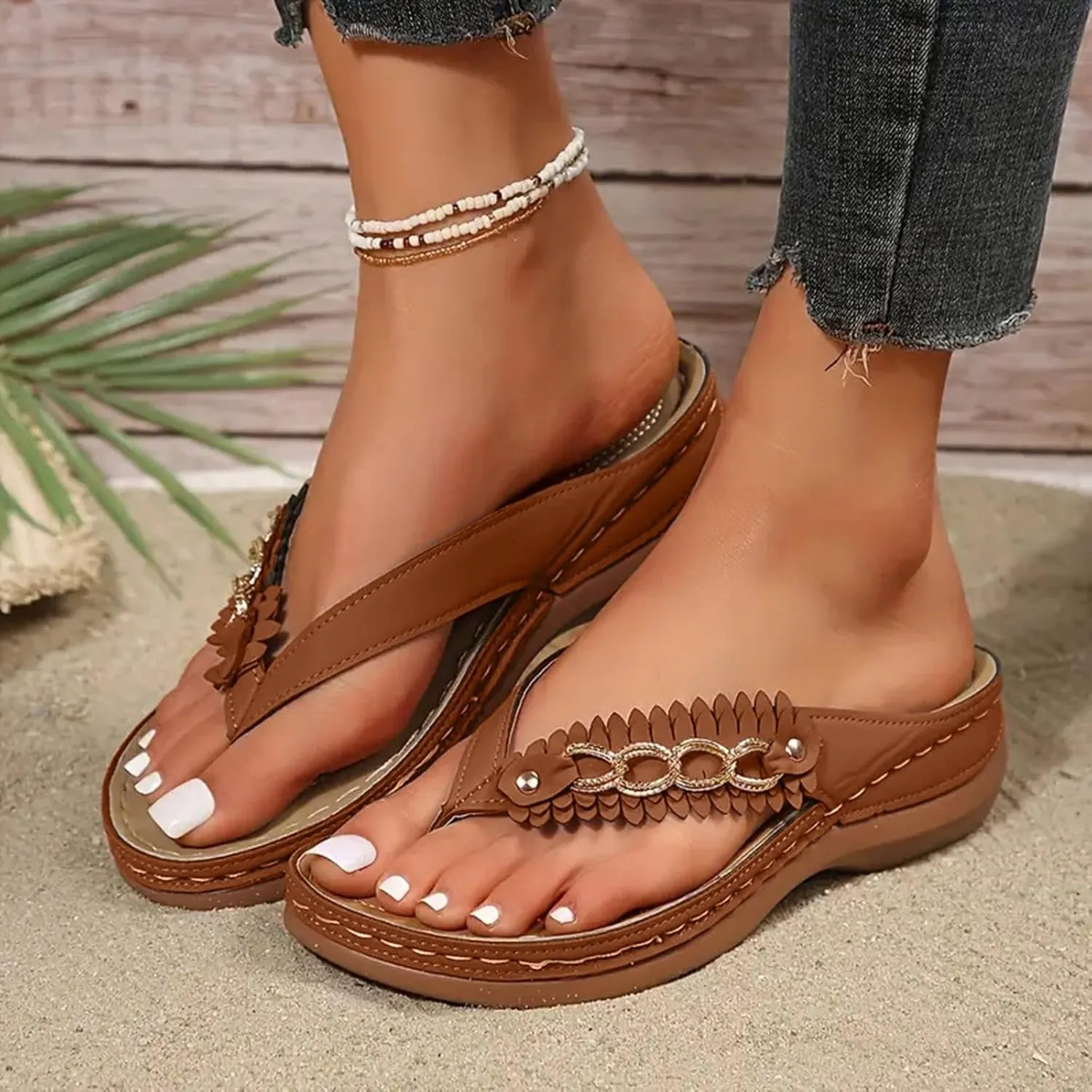 Flip Flops for Women Summer 2025 Fashion Boho Breathable Mesh Hollow Wedge with Arch Support Womens Sandals Trendy Casual Walking Slippers Summer Dressy Beach Non Slip Flip Flops Sandals 2025