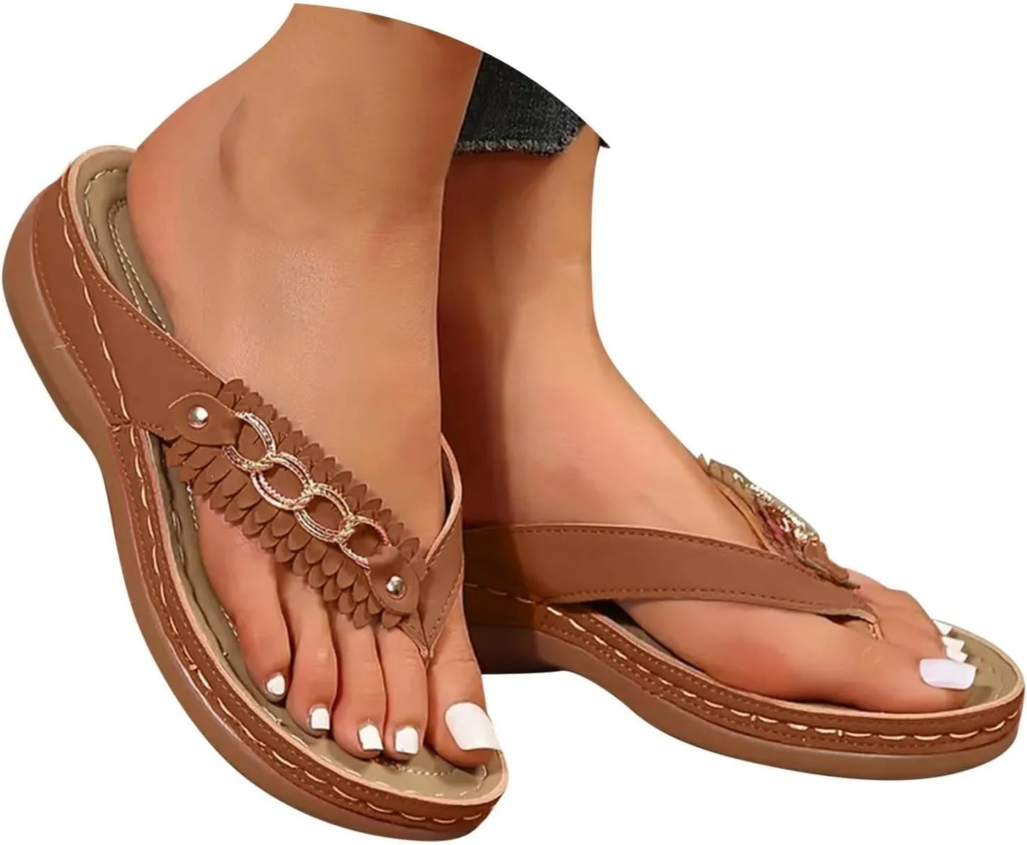 Flip Flops for Women Summer 2025 Fashion Boho Breathable Mesh Hollow Wedge with Arch Support Womens Sandals Trendy Casual Walking Slippers Summer Dressy Beach Non Slip Flip Flops Sandals 2025