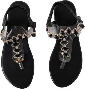 Floerns Women's Rhinestone Transparent Elastic Ankle Strap Dressy Summer Flat Sandals Walking Beach Shoes