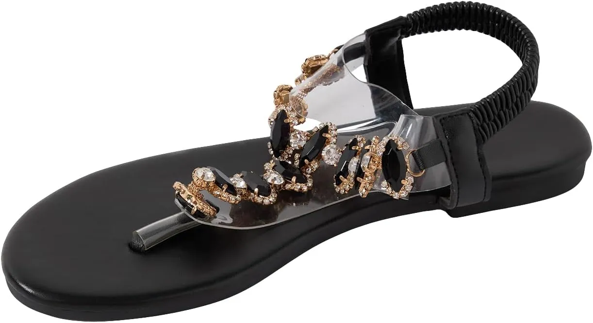 Floerns Women's Rhinestone Transparent Elastic Ankle Strap Dressy Summer Flat Sandals Walking Beach Shoes