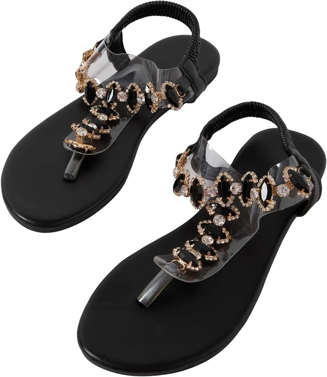 Floerns Women's Rhinestone Transparent Elastic Ankle Strap Dressy Summer Flat Sandals Walking Beach Shoes