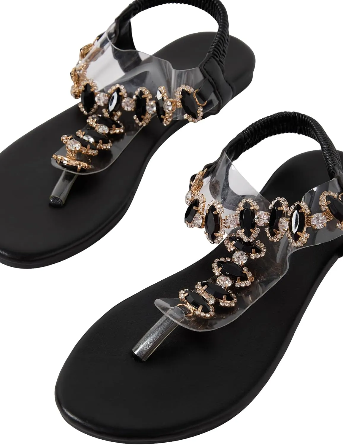 Floerns Women's Rhinestone Transparent Elastic Ankle Strap Dressy Summer Flat Sandals Walking Beach Shoes