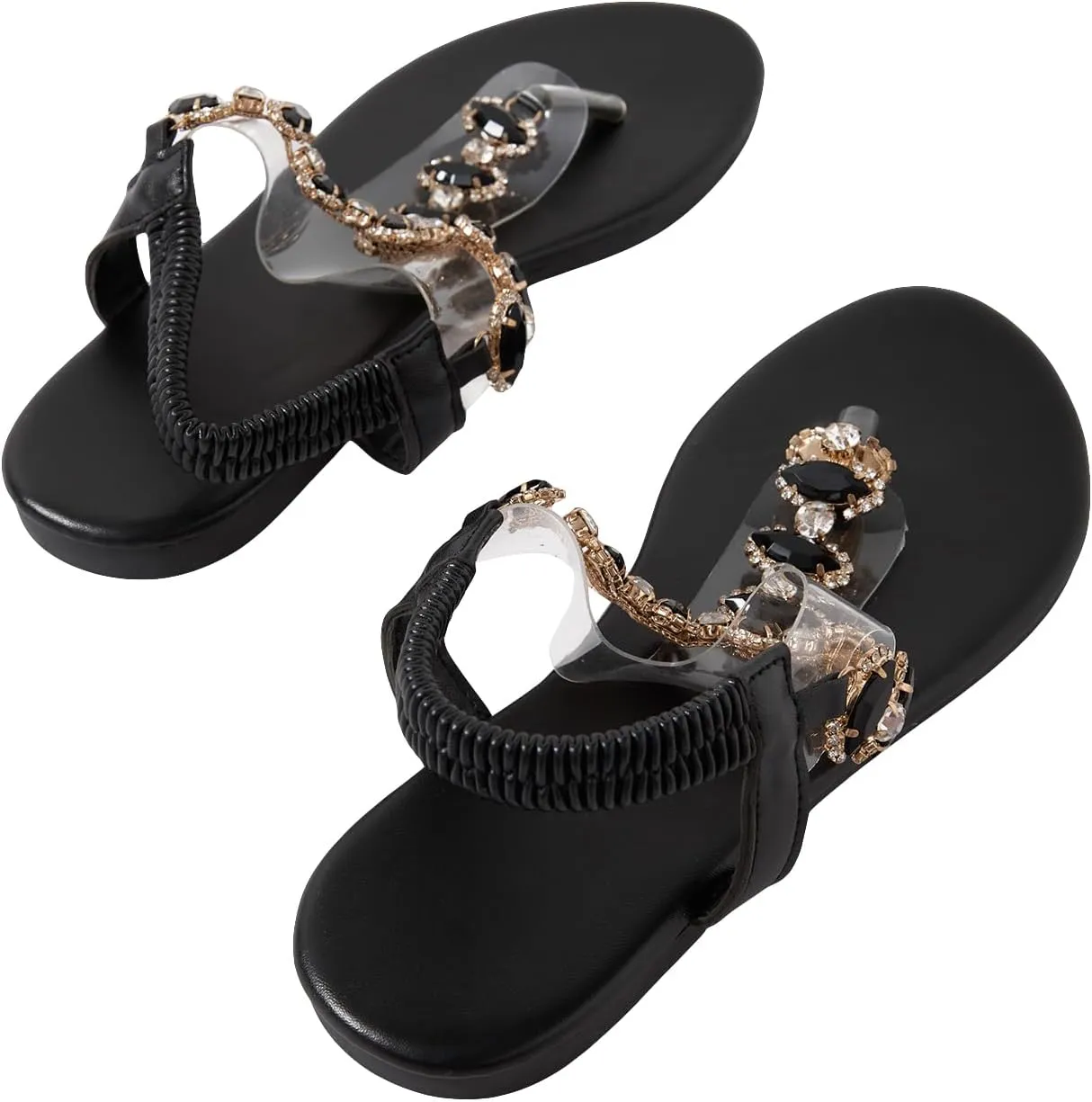 Floerns Women's Rhinestone Transparent Elastic Ankle Strap Dressy Summer Flat Sandals Walking Beach Shoes