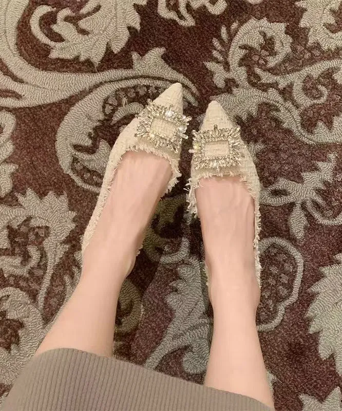 French Beige Shoes Feet Zircon Pointed Toe Splicing Flat