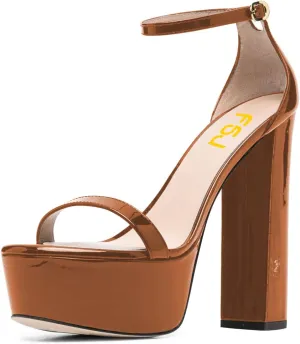 FSJ Women Glossy Single Strap Open Toe Platform Sandals Chunky High Heel Ankle Strap Summer Party Prom Dress Shoes Size 4-15 US