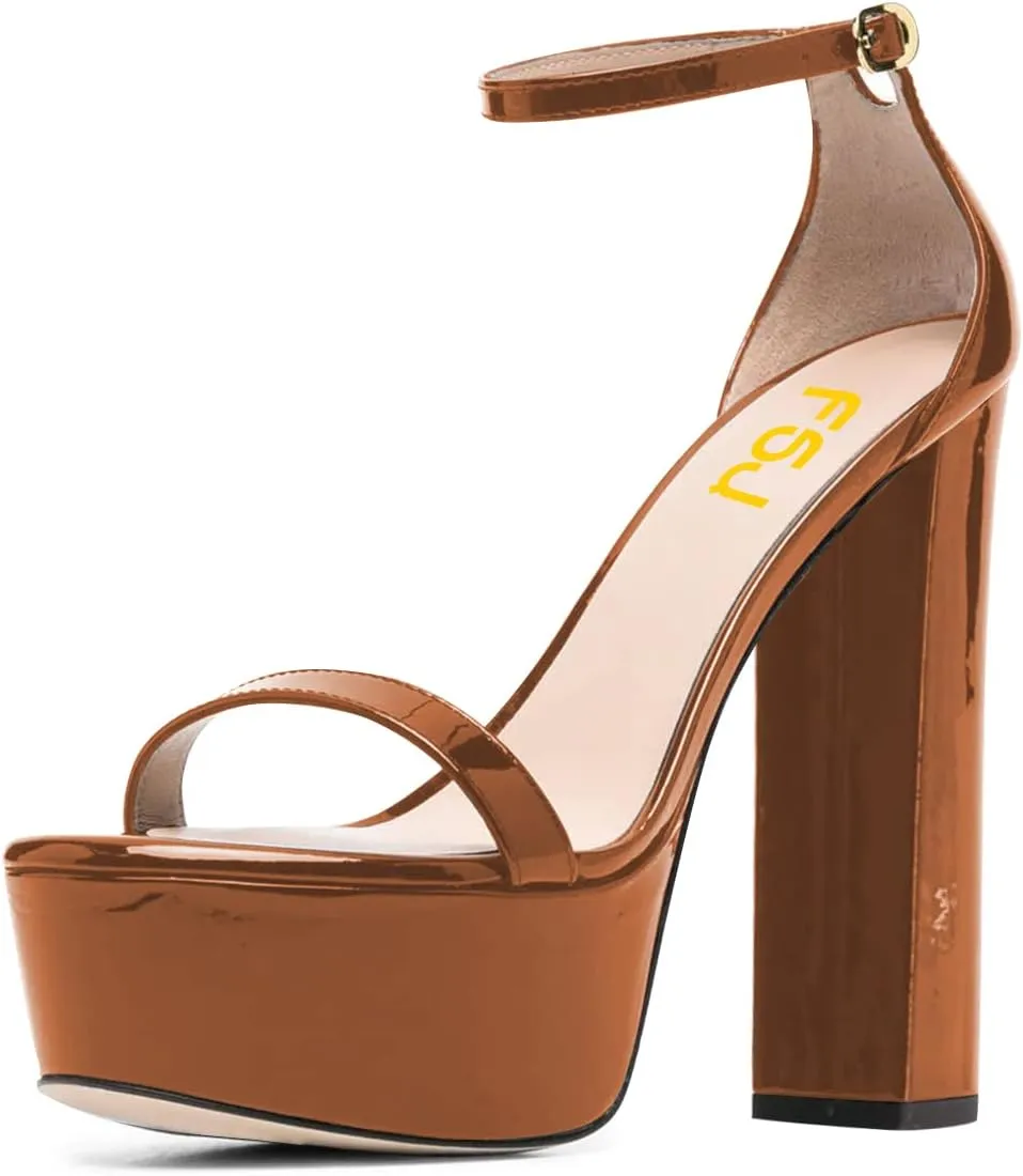 FSJ Women Glossy Single Strap Open Toe Platform Sandals Chunky High Heel Ankle Strap Summer Party Prom Dress Shoes Size 4-15 US