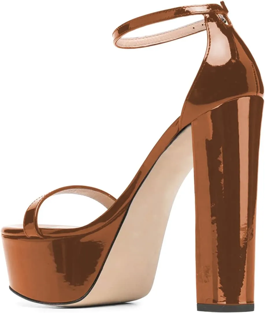 FSJ Women Glossy Single Strap Open Toe Platform Sandals Chunky High Heel Ankle Strap Summer Party Prom Dress Shoes Size 4-15 US
