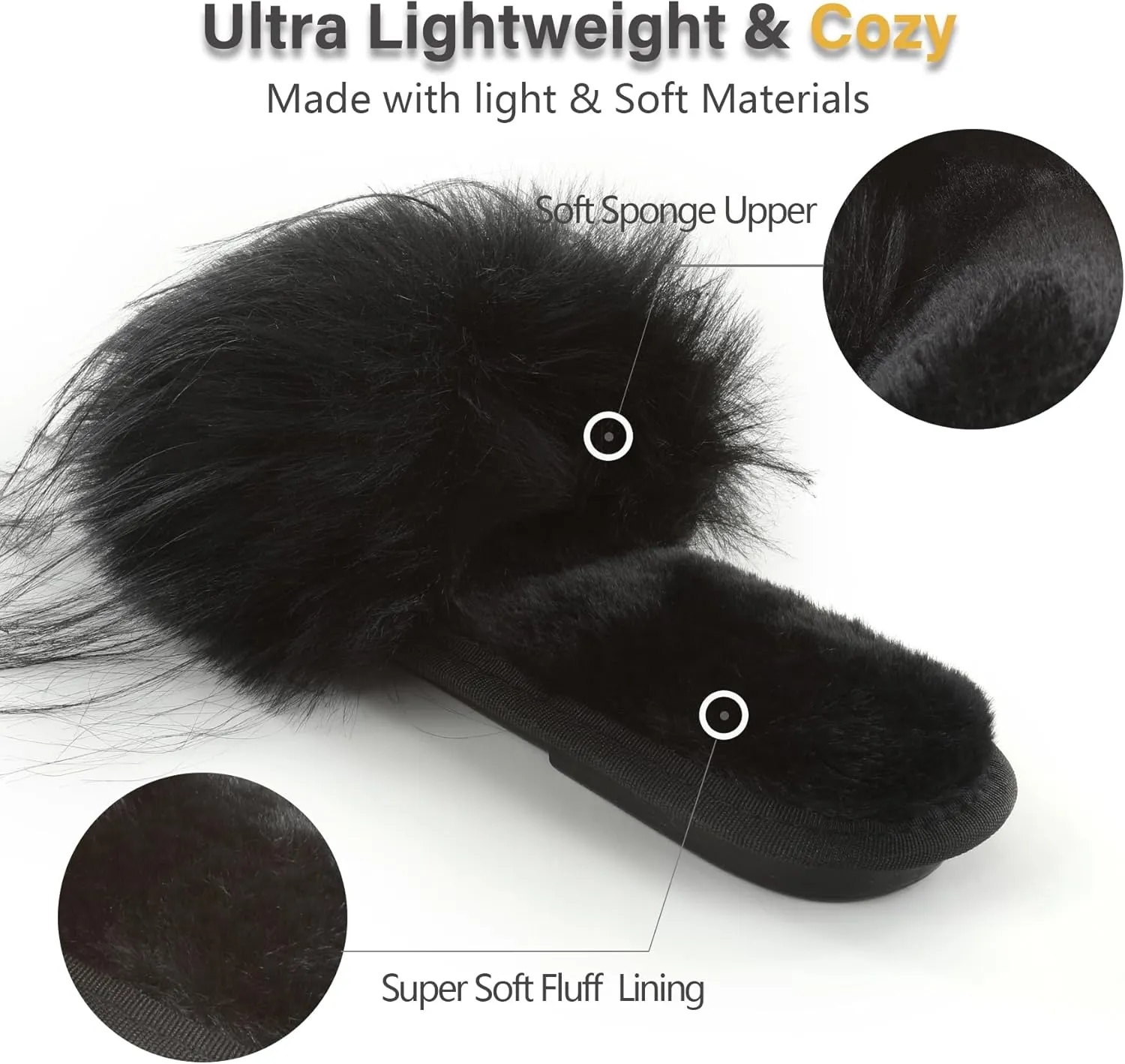 Fur Story Women's Furry Slippers Open Toe Fuzzy Slippers Memory Foam Fluffy House Sandal