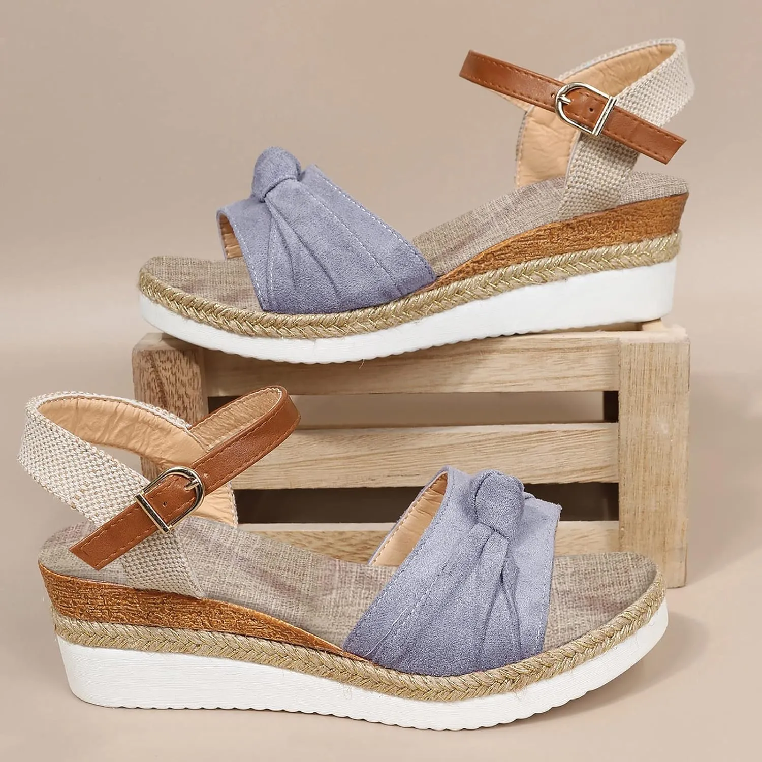 Generic Women's 6-Grey Size 8.5 Medium Width Casual Open Toe Ankle Strap Wedge Sandals with Platform Heel for Women