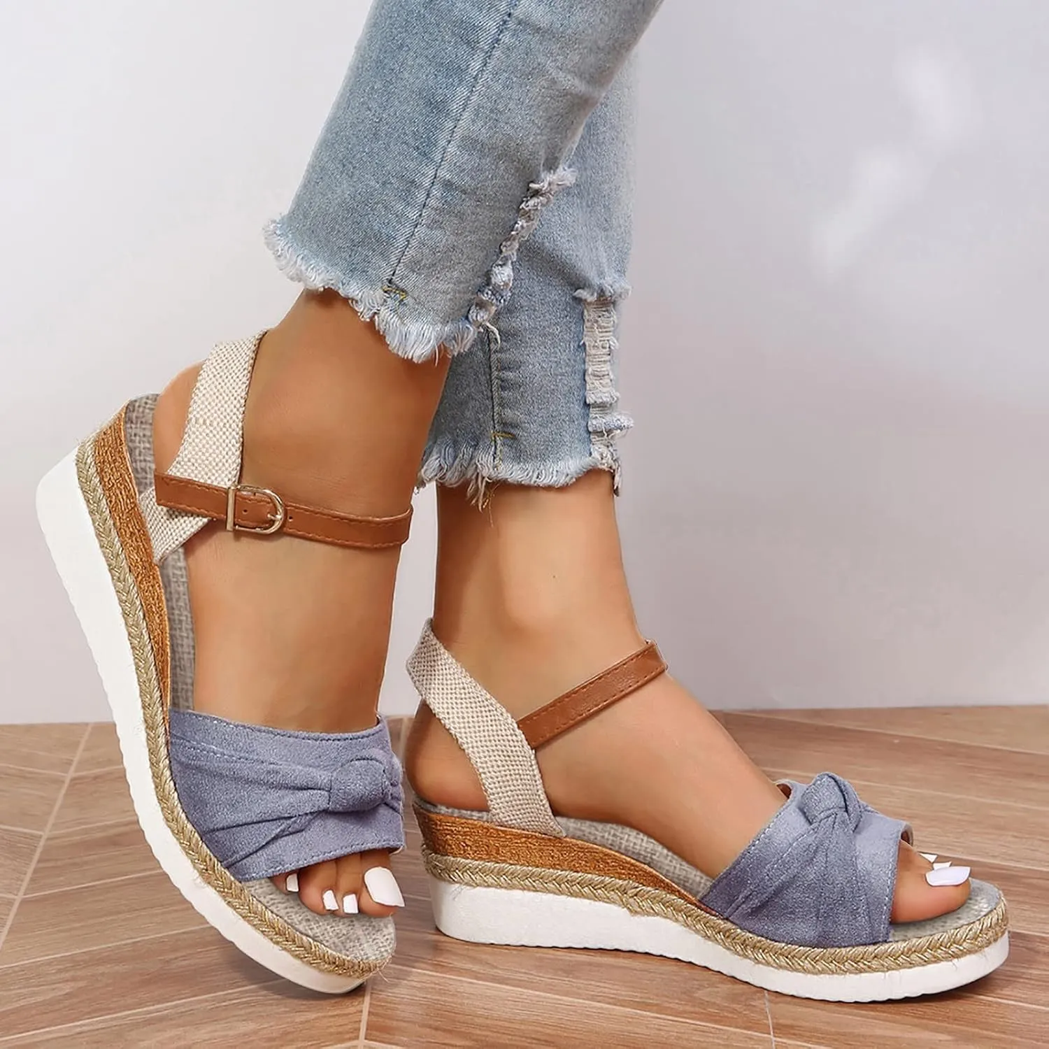 Generic Women's 6-Grey Size 8.5 Medium Width Casual Open Toe Ankle Strap Wedge Sandals with Platform Heel for Women