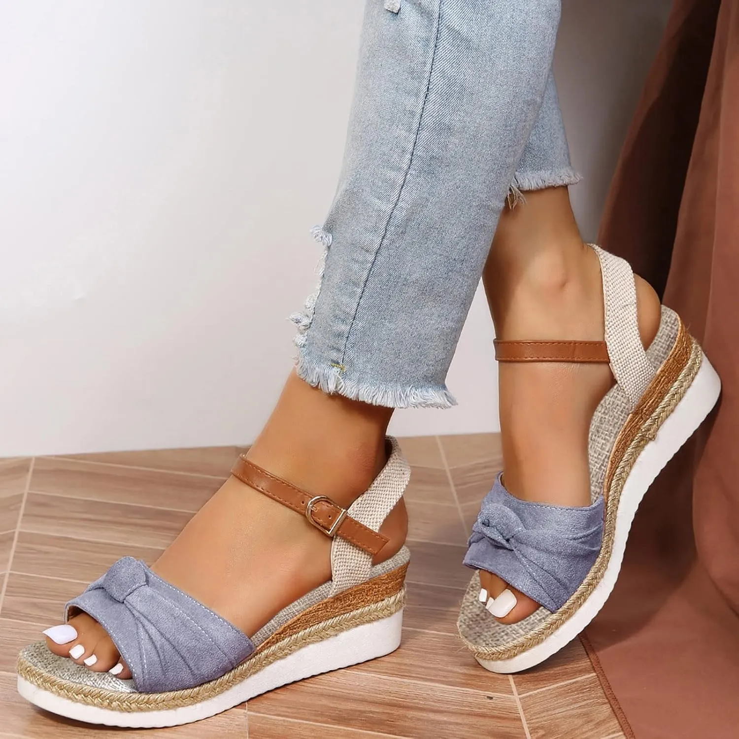 Generic Women's 6-Grey Size 8.5 Medium Width Casual Open Toe Ankle Strap Wedge Sandals with Platform Heel for Women