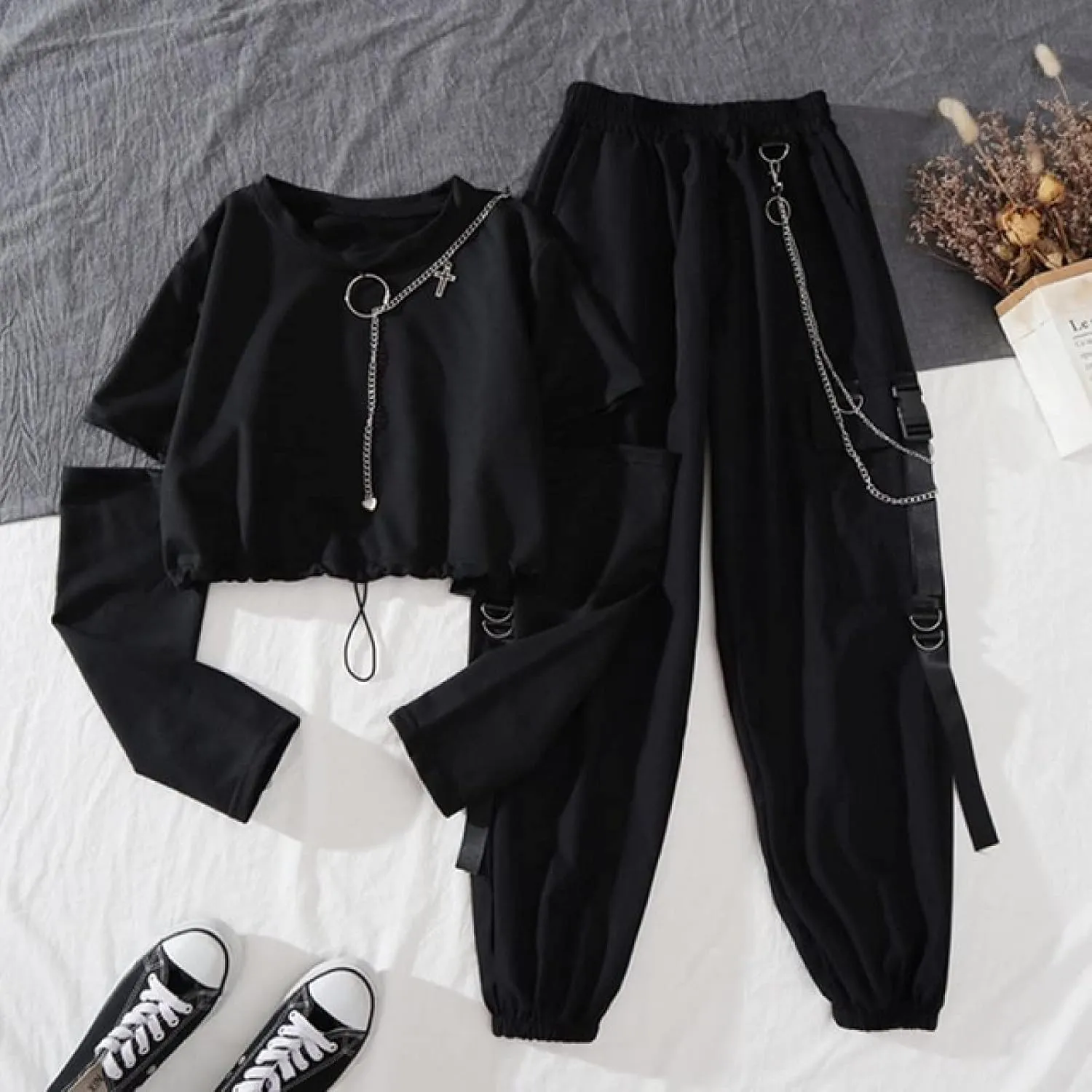 Gothic Women's Harajuku Overalls Handsome and Cool Two-Piece Suit Chain Long Sleeve   Ribbon Pants(2 Piece,M)